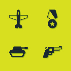 Poster - Set Plane, Pistol or gun, Military tank and reward medal icon. Vector