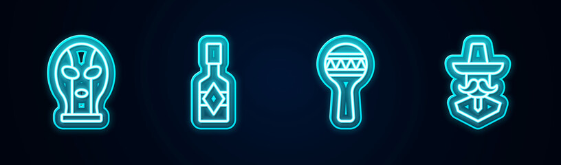 Sticker - Set line Mexican wrestler, Tabasco sauce, Maracas and man sombrero. Glowing neon icon. Vector