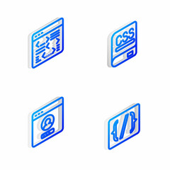 Set Isometric line Books about programming, Software, Create account screen and Programming language syntax icon. Vector