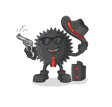 Sea Urchin Mafia With Gun Character. Cartoon Mascot Vector