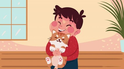 Wall Mural - boy with little cat mascot animation