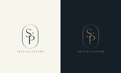 Sticker - premium SP logo monogram with gold circle frame. luxury initials design minimal modern typeface