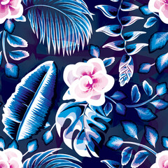 blue Exotic jungle plants illustration pattern with abstract pink flowers and banana monstera palm leaves on dark grunge background. Floral background. botanical wallpaper. nature wallpaper. summer