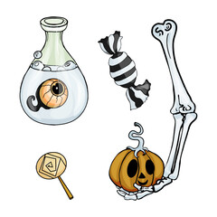 Vector Halloween illustration. Skull, autumn leaves, bones, candies, a flask with an eye, poison as a print, logo, icon, blank for a designer