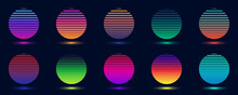 Set Of Badges Abstract Gradient Colorful Circles Isolated On Dark Background Retro 70s 80s Style
