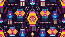 Traditional Indian Festival Diwali Seamless Pattern Happy Festival Of Lights Deepavali Template For Textile, Paper, Cover Festive Burning Diya Graphic Background Vector Abstract Flat Illustration