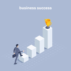 isometric vector illustration on a white background, a man in a business suit with a briefcase climbs the chart up to the golden cup, the path to success and professional growth