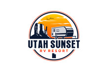 Arizona Monument Valley RV Utah Recreational Van Logo Emblem Rounded Shape With Sunset Scene 