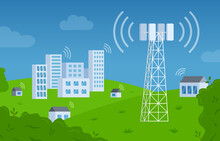 Radio Telecommunication Tower. Internet And Mobile Cellular Telecom Antenna. Wireless Network Signal. Communication And Broadcast Equipment. City Landscape. Vector Illustration Concept