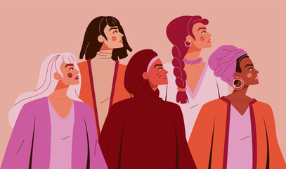 Strong women empowerment. Multiethnic women, equal support group, international gender power. Girls portrait. Sisterhood and feminism. Cartoon flat illustration. Vector silhouettes