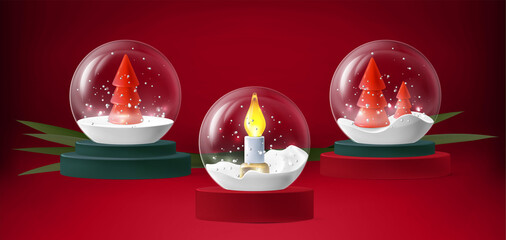 3d christmas snow ball globe. Merry xmas, realistic new year glass snowballs with tree and candles, red winter decoration elements. Glossy holiday toys. Vector isolated background