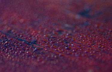 Abstraction, abstract background. Drops of water on a red wooden surface