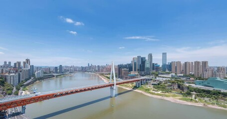 Fototapete - time lapse of Chongqing cityscape against a blue sky, Qiansimen bridge on Jialing river and modern architecture in central business district, China