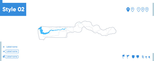 Gambia - stroke map isolated on white background with water and roads. Vector map