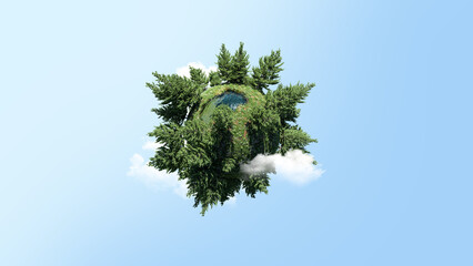 Small garden planet with lake on isolated blue sky background