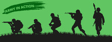 Squad Soldier Silhouette Vector. A Simple Military Man In Black Silhouette On A Green Background.
