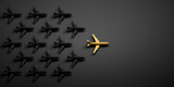 Fototapeta  - Golden leader airplane in a crowd of many black airplanes - being different concept - 3D illustration	
