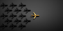 Golden Leader Airplane In A Crowd Of Many Black Airplanes - Being Different Concept - 3D Illustration	
