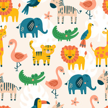 Seamless Pattern Background With Cute Jungle Animals Set. Childish Print For Wallpaper, Wrapping Paper And Textile. Vector Illustration