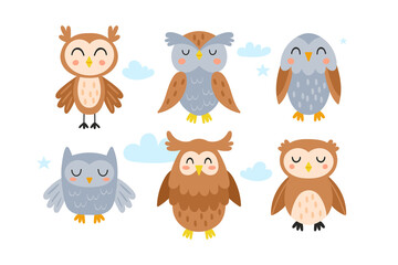 Wall Mural - Cute owl character design set. Childish print for stickers, apparel, cards and nursery decoration. Vector Illustration