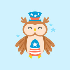 Wall Mural - Cute owl character design for USA national holidays. Childish print for cards, stickers and party invitations