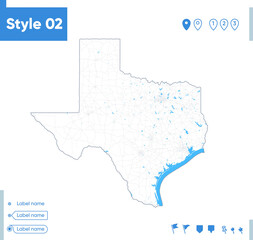 Naklejka na meble Texas, USA - stroke map isolated on white background with water and roads. Vector map