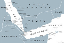 Gulf Of Aden Area, Gray Political Map. Deepwater Gulf Between Yemen, Djibouti, The Guardafui Channel, Socotra And Somalia, Connecting The Arabian Sea Through The Bab-el-Mandeb Strait With The Red Sea.