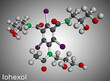Iohexol molecule. It is  contrast agent used in myelography and contrast enhancement for computerized tomography. Molecular model. 3D rendering