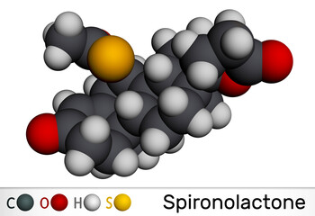 Wall Mural - Spironolactone molecule. It is aldosterone receptor antagonist used for the treatment of hypertension, hyperaldosteronism, edema. Molecular model. 3D rendering