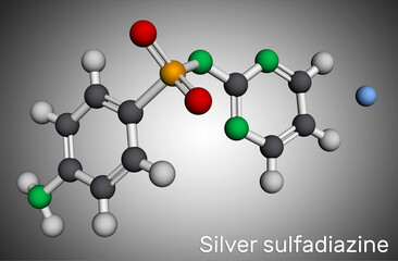 Wall Mural - Silver sulfadiazine molecule. It is sulfonamide antibiotic,  used for the treatment of burns. Molecular model. 3D rendering