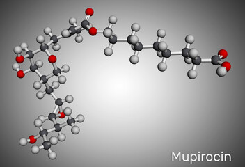 Wall Mural - Mupirocin molecule. It is antibacterial ointment used to treat impetigo and skin infections. Molecular model. 3D rendering