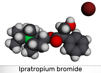 Wall Mural - Ipratropium bromide molecule. It is bronchodilator, antispasmodic, anticholinergic drug. Molecular model. 3D rendering