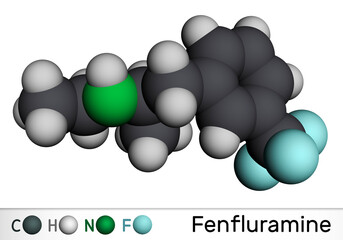 Wall Mural - Fenfluramine drug molecule. It is phenethylamine, used as an appetite suppressant. Molecular model. 3D rendering