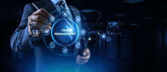 Wall Mural - Time management planning productivity business concept. Businessman pressing button.