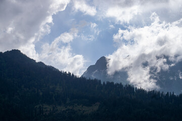 Wall Mural - Mountains covered in dense clouds and sunlight is coming through clouds. Dense cedar forest and green meadow creates a beautiful landscape on a rainy day in Manali, Himachal Pradesh in India.