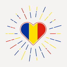 Romania Heart With Flag Of The Country. Sunburst Around Romania Heart Sign. Vector Illustration.