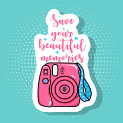 Sticker, polaroid camera with blue trinket, hearts, icon on pop art retro vintage background, trendy color illustration
