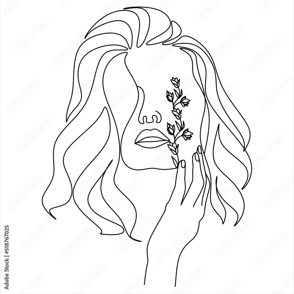 Abstract face with flowers one line vector drawing. Woman with bird ...