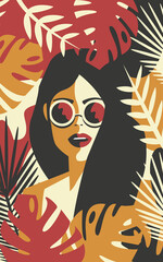 Wall Mural - Beautiful girl in sunglasses on the background of leaves in retro colors.