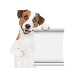 Poster - Smart jack russell terrier dog points on empty list. isolated on white background