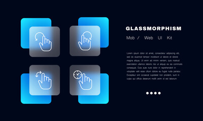 Control gestures for touch screen set icon. Arrow, swipe, clock, loading, hand, finger, tap, press, push, button, device, phone. Technology concept. Glassmorphism style. Vector line icon for Business