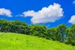 【自然】青空に雲が浮かぶ草原の丘の風景　夏
