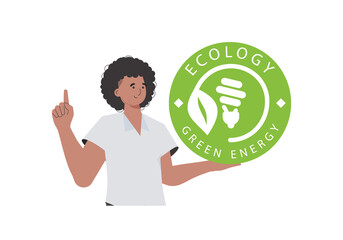 A man holds the ECO logo in his hands. The character is depicted to the waist. The concept of ecology and green energy. Isolated. Vector trend illustration.