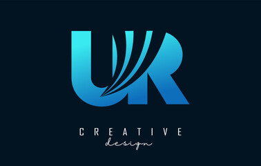 Creative blue letters UR u r logo with leading lines and road concept design. Letters with geometric design.