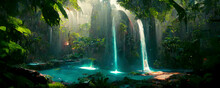 Mystische Wasserfälle Und Lagunen In Dschungel Landschaft - Fantasy Gemälde