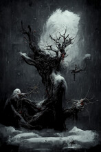 Toter Baum Vor Düsterem Himmel - Mystisches Fantasy Gemälde Mit  Dunklen Wolken Und Dämonen