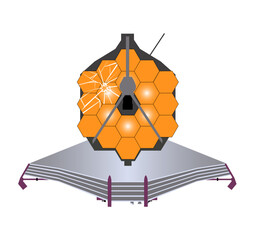 Wall Mural - Broken James Webb Space Telescope with broken mirror  front view isolated on white. Vector illustration.