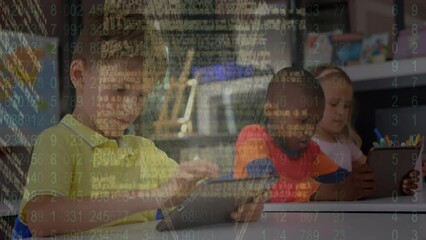 Wall Mural - Animation of data processing over caucasian boy using digital tablet in the class at school