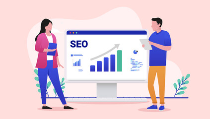 Leinwandbilder - SEO analytics work - Man and woman working with search engine optimisation on desktop computer screen. Flat design vector illustration
