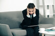 © Volodymyr - Hard business. Sadness depressed businesswoman, frustration secretary girl, stressed employee working overtime with too much work, office problem at workspace.